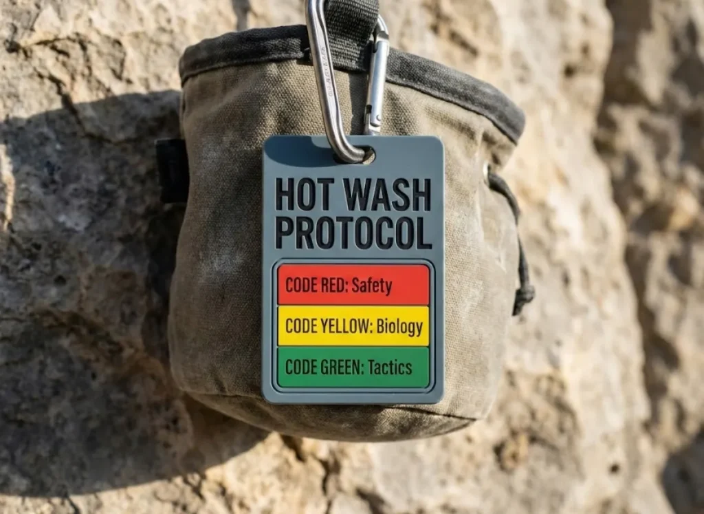 A close-up, high-definition visualization of a durable climbing checklist card attached to gear, clearly displaying the "Hot Wash Protocol" with Red (Safety), Yellow (Biology), and Green (Tactics) diagnostic steps.