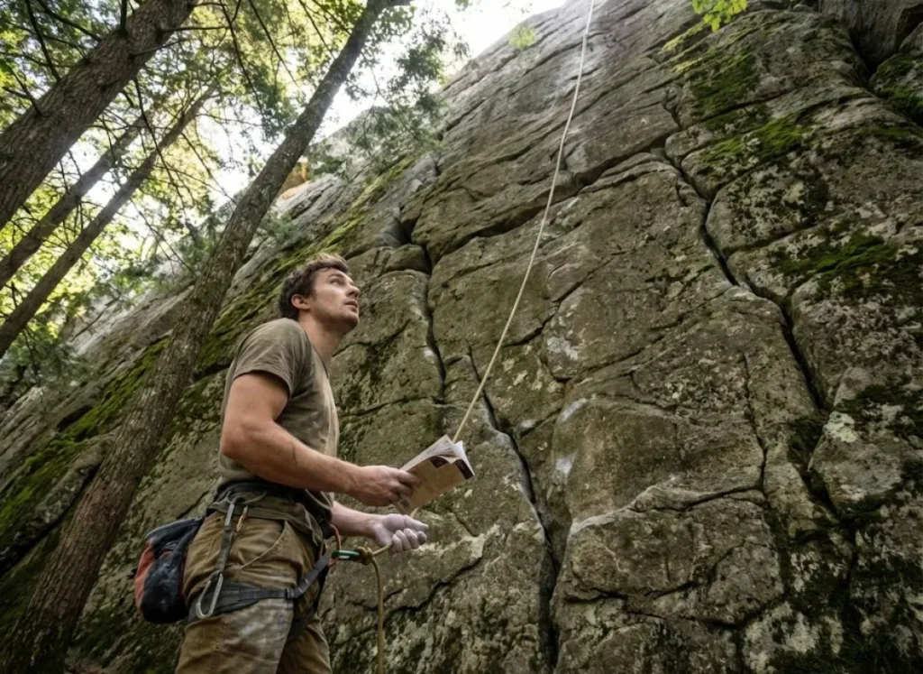 A rock climber studying a route at the base of a cliff, symbolizing the strategic decision of choosing the right membership tier.