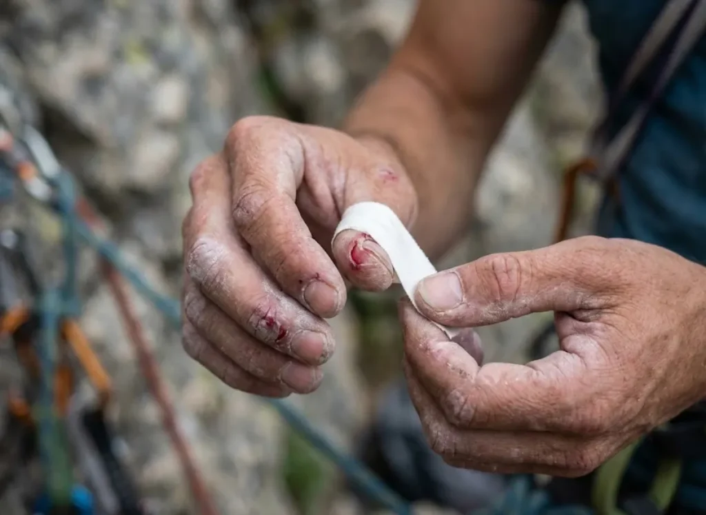 Close-up of a rock climber's chalk-covered, battered hands taping up a cut finger.