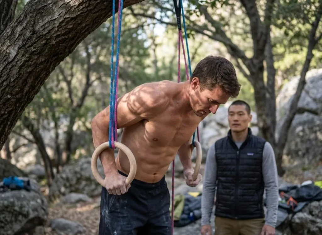 A climber performing a strict ring dip exercise outdoors to build pushing strength for mantling, showcasing upper body muscle definition.