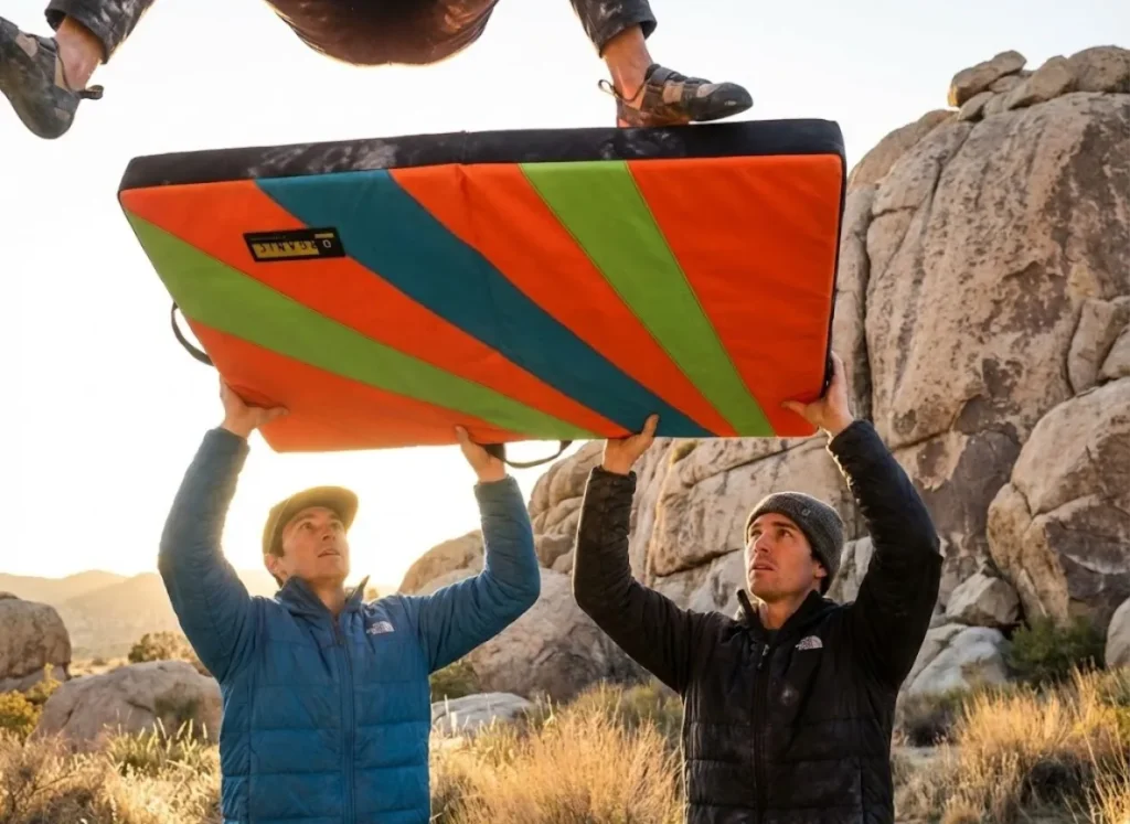 Spotters holding an Organic Climbing crash pad in the air using the floating pad technique to protect a climber during a high boulder top-out.