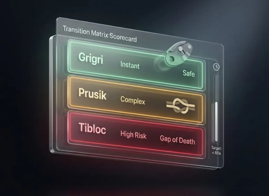 A sophisticated 3D infographic titled "Transition Matrix" displaying three distinct safety zones (Green, Yellow, Red) for climbing gear. Floating glass panels compare the Grigri, Prusik, and Tibloc based on risk and time, set against a dark, premium editorial background.