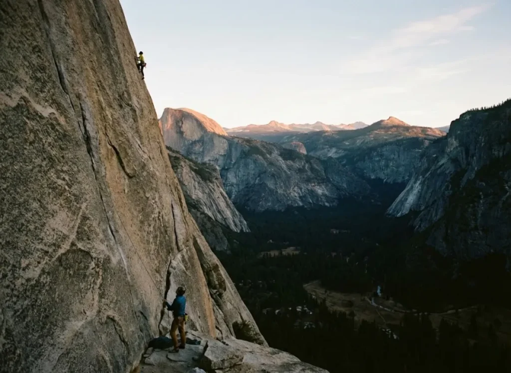 A wide shot of a climber on a wall in a vast, quiet canyon, emphasizing the solitude and lack of technological intrusion.