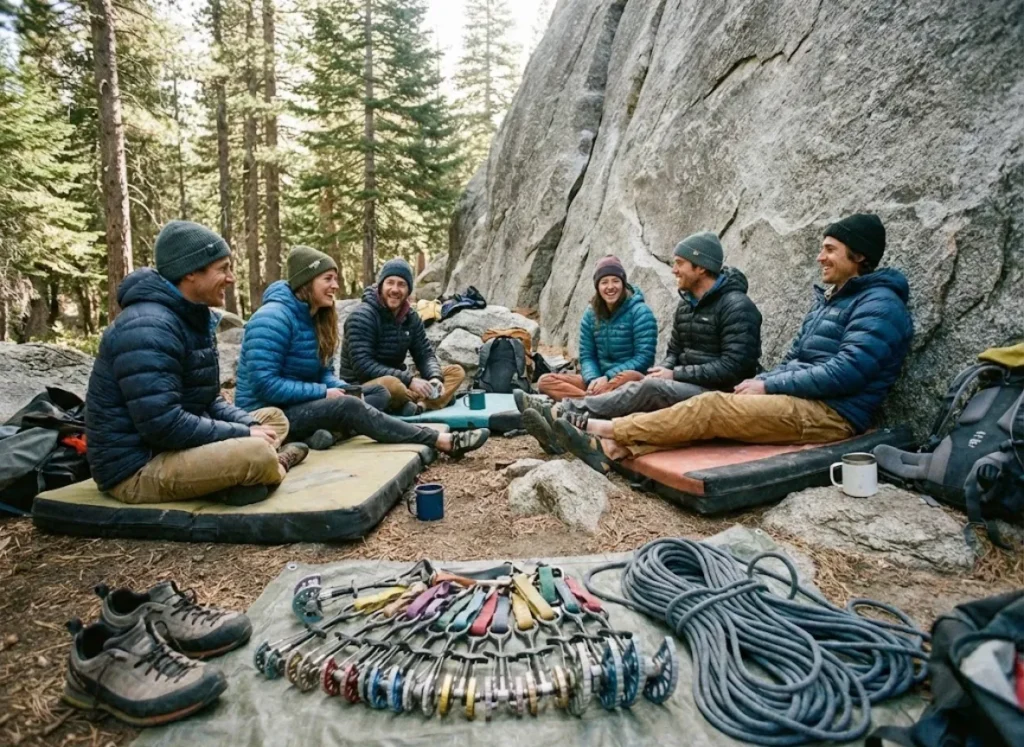 A group of climbers sitting on crash pads at the crag, talking and resting between climbs.