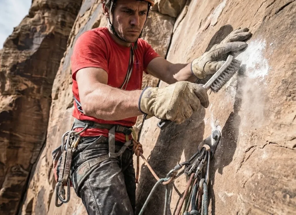A climber hanging on a rope uses a brush to clean a rock climbing hold on a cliff face.