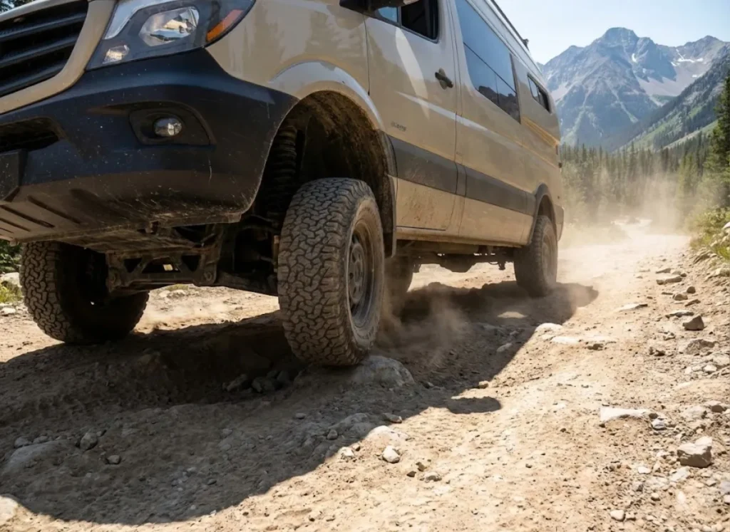 A rugged climbing van driving up a steep, rocky dirt road, kicking up dust with suspension compressed.