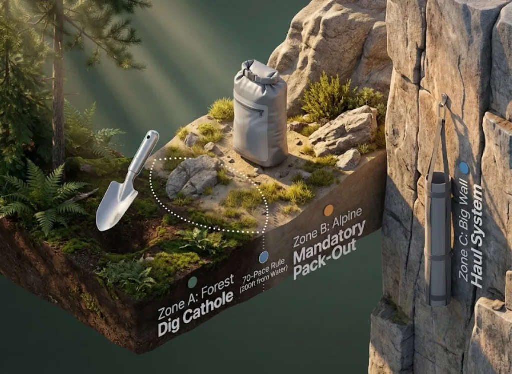 An isometric 3D infographic illustrating the Climbing Waste Management Decision Matrix. The image shows a landscape transitioning from a lush temperate forest to a rocky alpine desert and a vertical granite wall. Each zone features the corresponding waste disposal gear: a trowel for the forest, a WAG bag for the desert, and a PVC haul tube for the big wall.