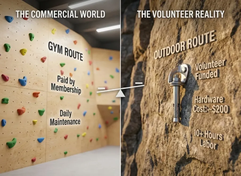 A split-screen 3D editorial illustration comparing the economics of indoor climbing versus outdoor climbing. The left side shows a colorful gym wall with labels about membership funding; the right side shows a realistic rock face with a bolt, highlighting volunteer costs and labor.