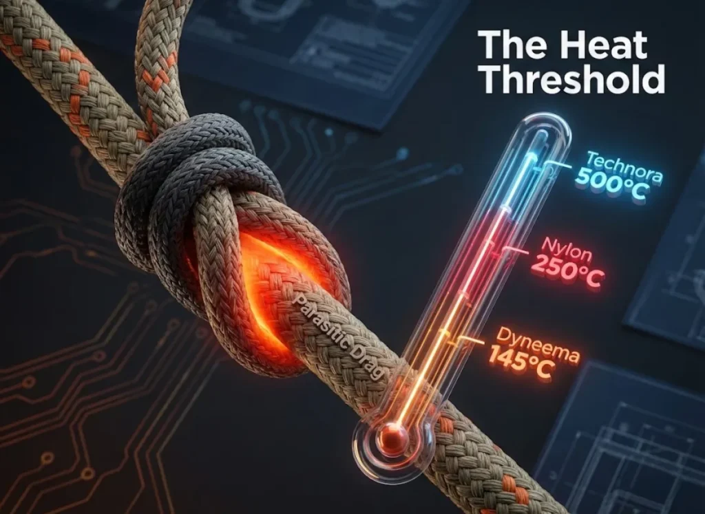 A stunning 3D editorial illustration of a climbing rope friction hitch. A holographic thermometer overlay compares melting points: Dyneema at 145°C, Nylon at 250°C, and Technora at 500°C. The friction point glows with heat against a dark, technical background.