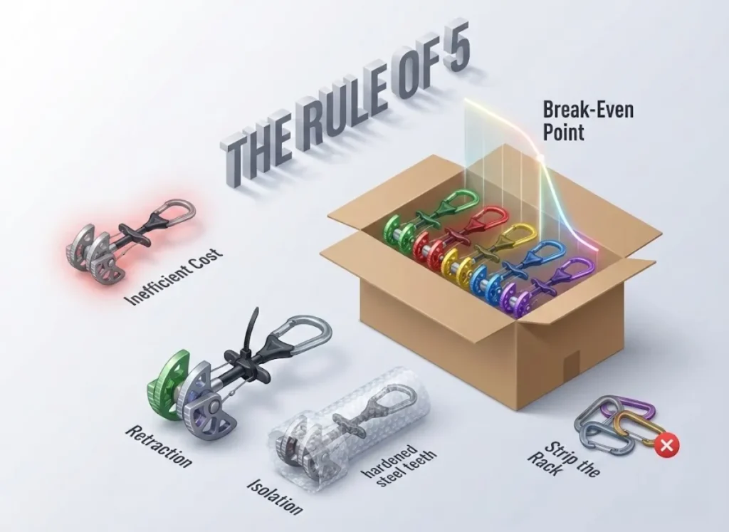A sophisticated 3D isometric infographic illustrating the "Rule of 5" for climbing cam repair. The visual compares a single cam shipment to a cost-effective batch of five, featuring a floating cost-curve graph and detailed packaging protocols like retracted lobes and bubble wrap isolation.