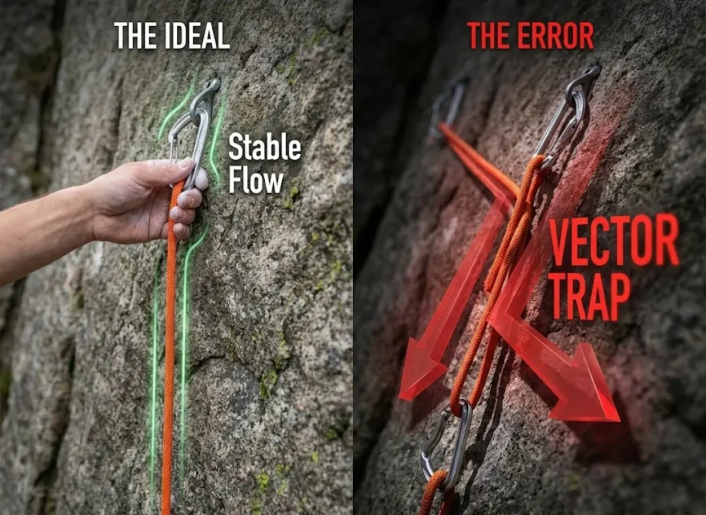 A split-screen technical illustration comparing a correct rock climbing rope clip against a dangerous Z-clip error. The image highlights the geometry of rope drag with holographic red arrows indicating the "Vector Trap" force.