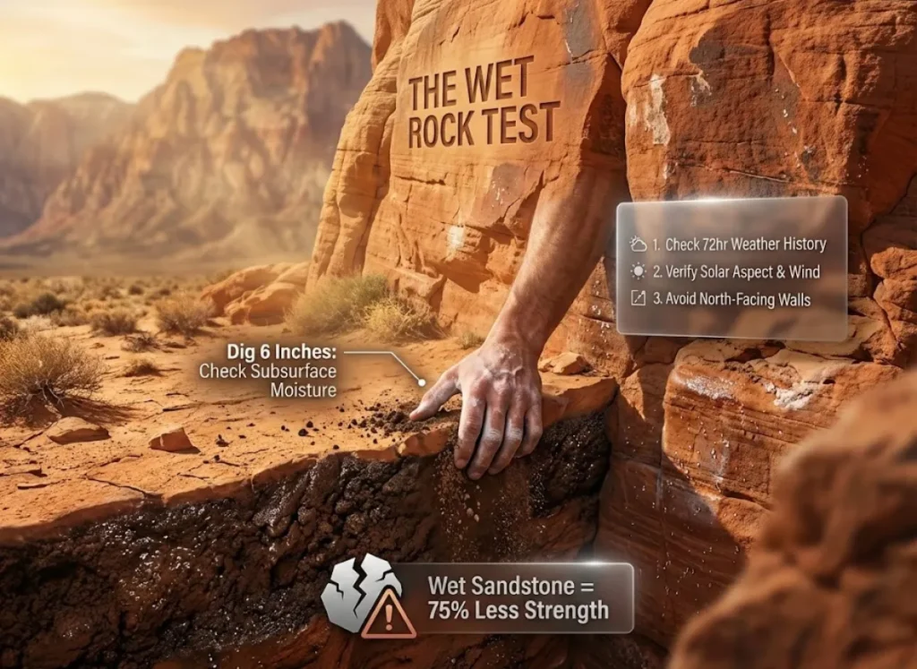 A split-view educational illustration showing a cross-section of desert soil at the base of a sandstone cliff. A hand digs six inches deep to reveal dark, moist soil beneath a dry surface. Floating text elements list safety checks like weather history and solar aspect.