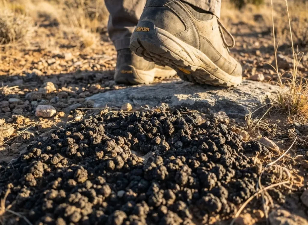 Detailed view of fragile cryptobiotic soil crust with climber's shoes stepping on durable rock nearby to avoid damage.