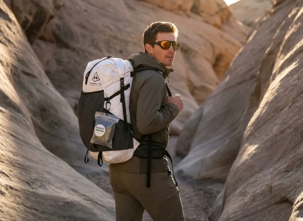 A climber hiking out of a desert canyon at sunset with a Hyperlite Mountain Gear pack, showcasing responsible waste management with a visible WAG bag container.