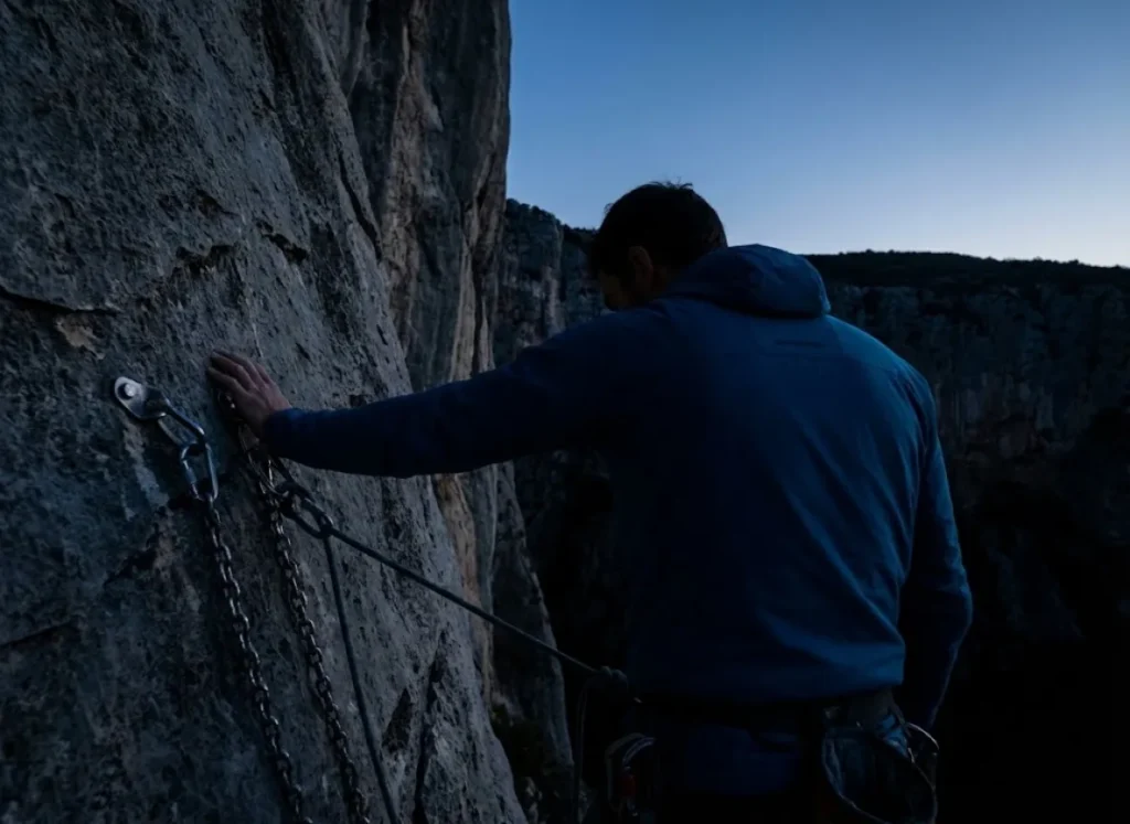 Climber silhouetted against a twilight sky at the anchor, looking down a vertical drop, illustrating the seriousness of the descent phase.