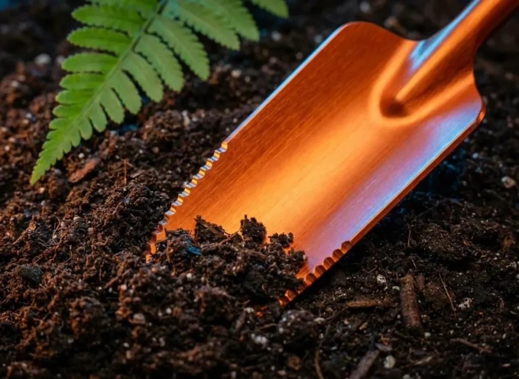 A high-resolution macro shot of an orange Deuce of Spades trowel digging into rich, dark organic soil, representing the cathole method.