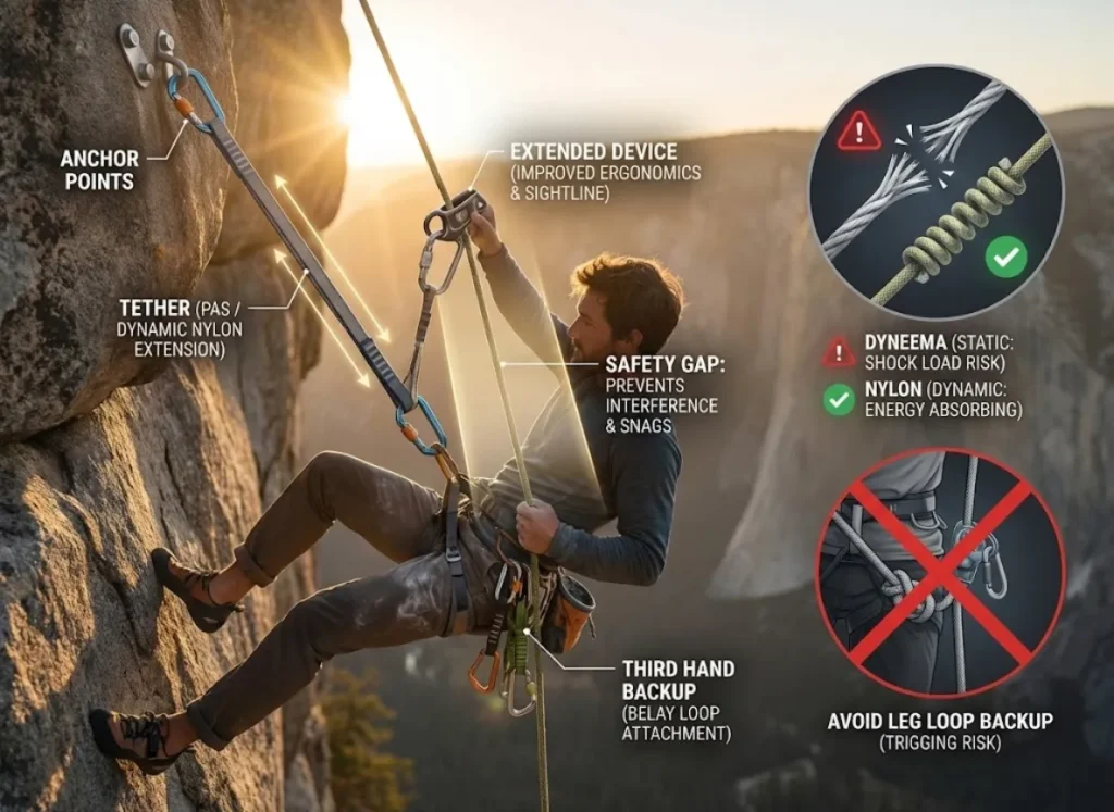 A technical infographic illustrating a rock climber using an extended rappel system on a granite cliff. The diagram highlights the "Safety Gap" created by a tether connecting the harness to the rappel device, separating it from the brake hand and the "Third Hand Backup" located on the belay loop. Insets warn against leg loop backups and compare Dyneema versus Nylon material properties. The style is premium vector-realism fusion with cinematic lighting.