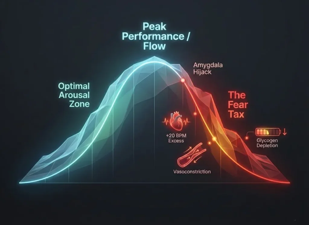 A stunning 3D isometric infographic illustrating the Yerkes-Dodson curve for climbers. It visually contrasts the 'Flow State' at the peak of the curve against the steep drop-off of the 'Fear Tax' and 'Amygdala Hijack', using color gradients from calm blue to alarming red to represent physiological stress.