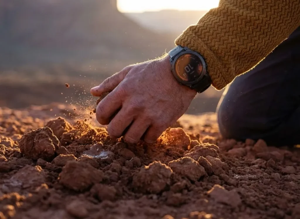 A climber crouching in the desert performing a soil moisture test, wearing a Patagonia fleece and Garmin watch, with sunlight highlighting the damp red earth.