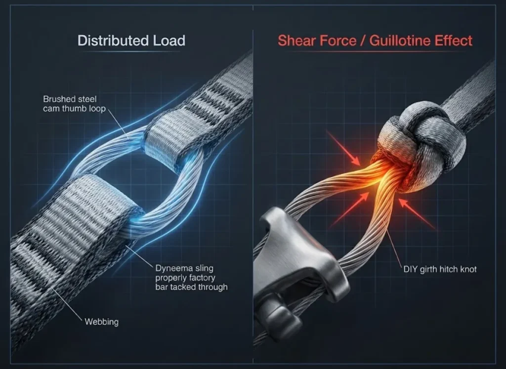 A split-screen engineering diagram comparing a safe factory bar-tacked climbing sling against an unsafe DIY knot. The visual highlights the "Guillotine Effect" where the knotted webbing shears the wire thumb loop under load.