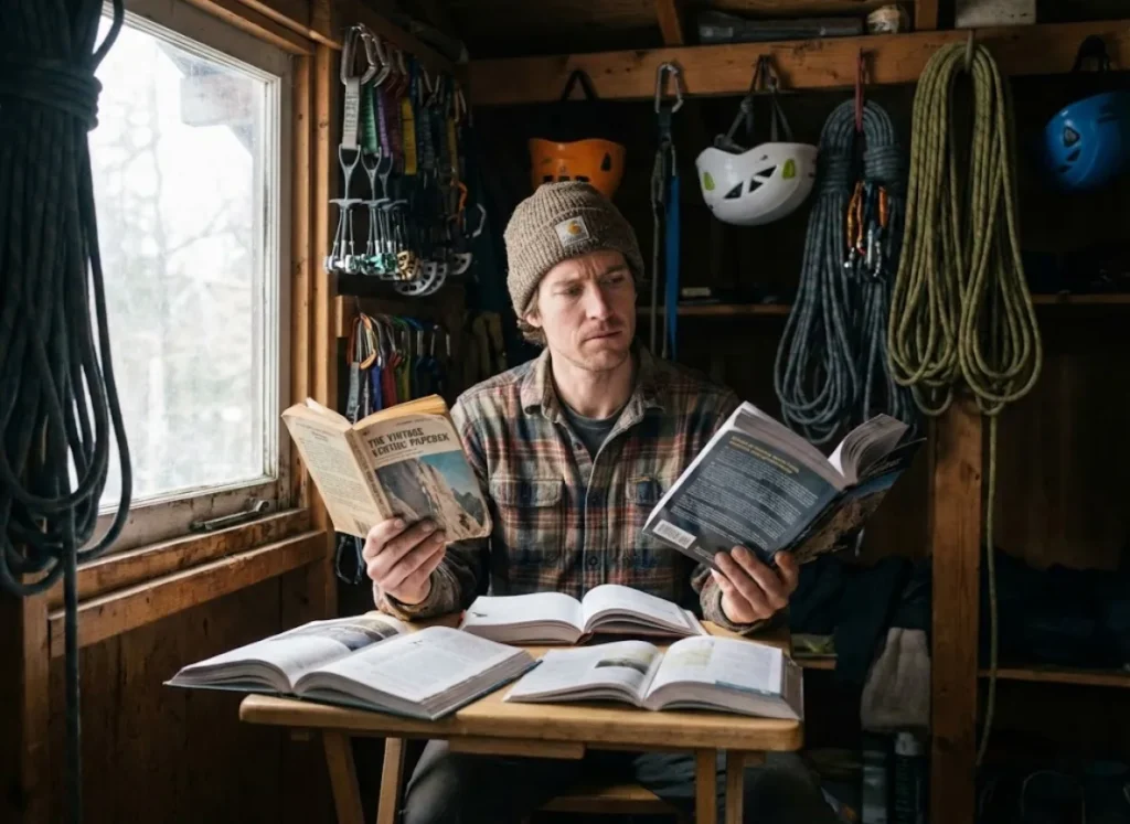 A climber inside a van comparing an old climbing book with a new guidebook at a wooden table.