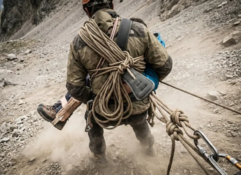 A climber carrying an injured partner on their back using a coiled climbing rope improvisation.
