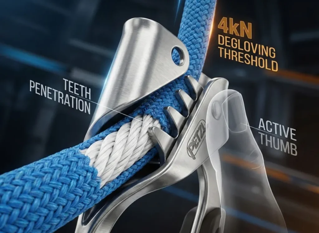 A detailed 3D cross-section infographic showing a Petzl Tibloc climbing device engaging a rope. The image highlights stainless steel teeth penetrating the rope's sheath, labeled "Teeth Penetration," and includes a warning label "4kN Degloving Threshold."