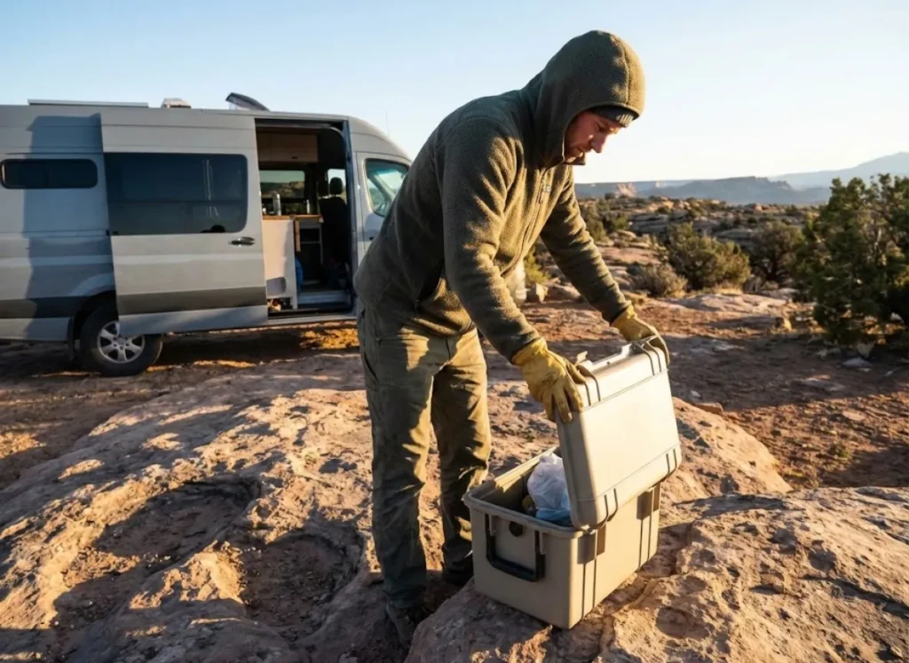 A camper outside their van carefully packing waste into a sealed container to practice Leave No Trace principles in the desert.