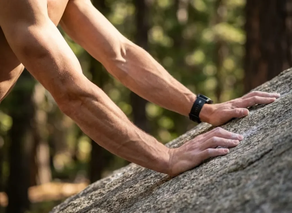 Close-up of a climber's triceps and hands pressing down on a rock ledge, illustrating the biomechanics of the mantle push movement.