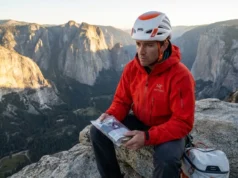 Mastering How to Poop Outdoors From Crag to Big Wall A professional climber standing on a high alpine ledge at sunset, holding a waste management kit, wearing a red Arc'teryx jacket and Petzl helmet, overlooking a mountain range.