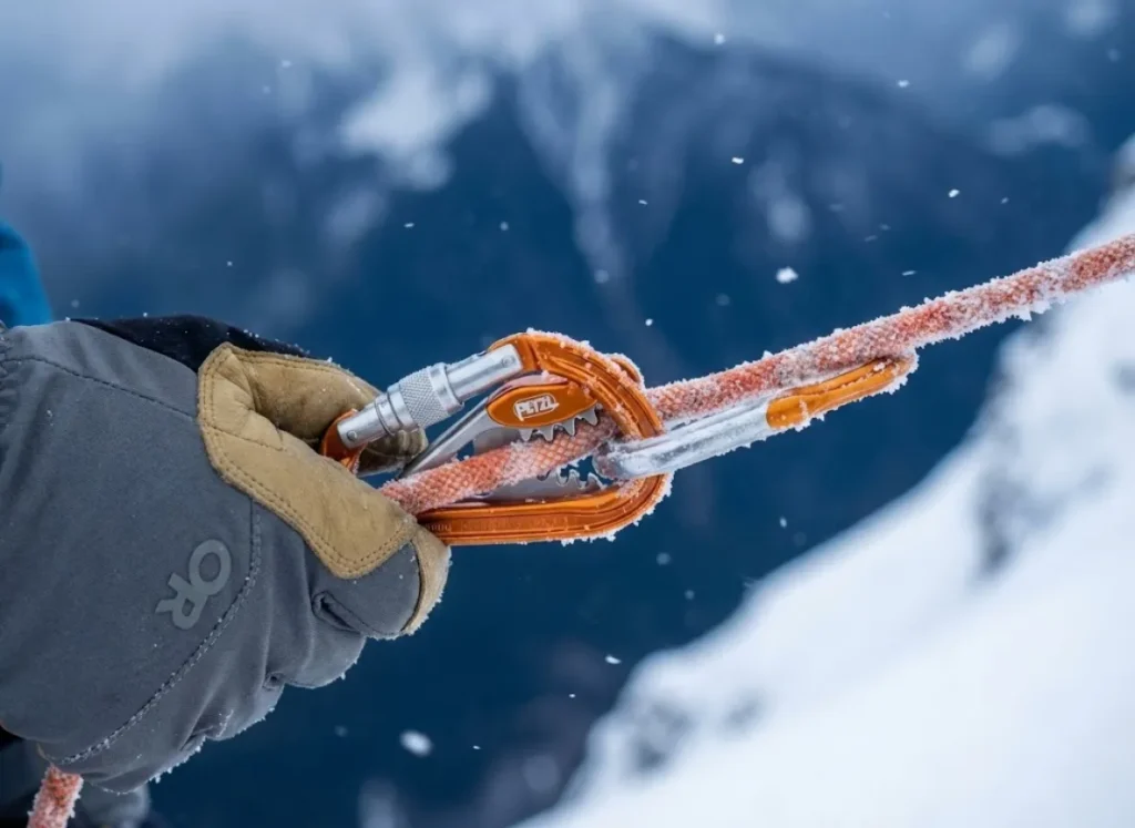 A gloved alpinist attaching a Petzl Tibloc and carabiner to an icy climbing rope.