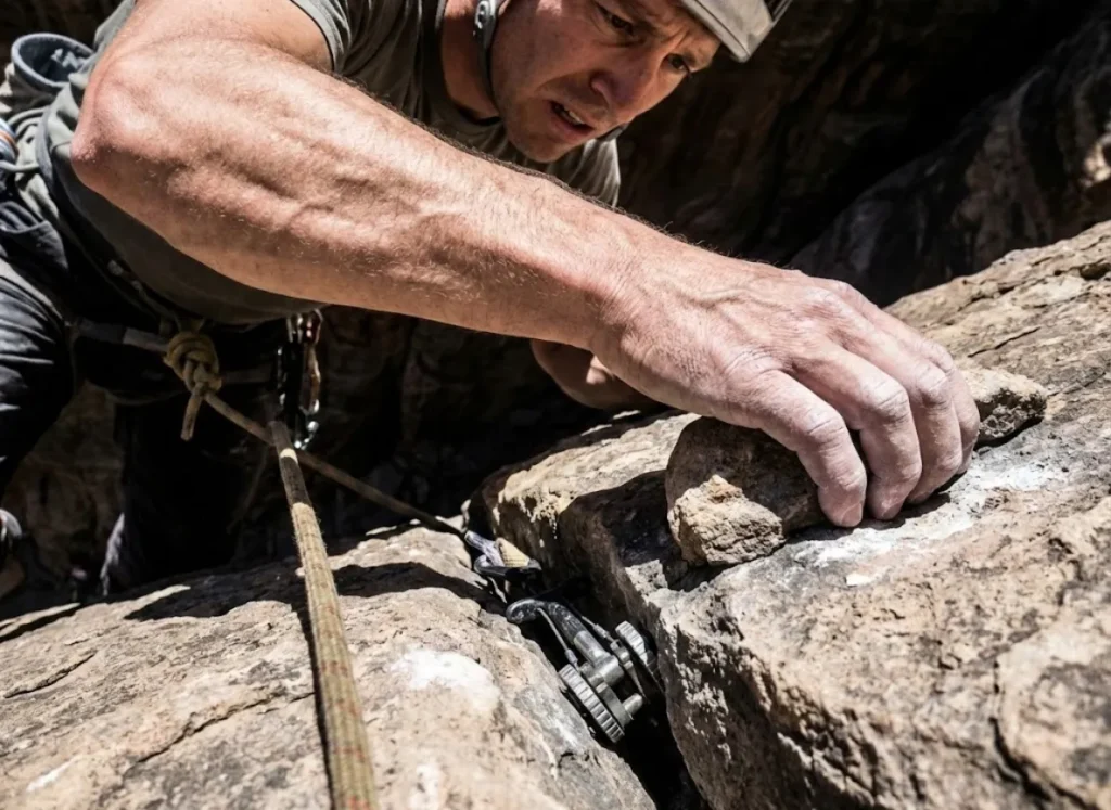 A close-up of a climber's pumped forearm and tense grip, illustrating the physiological "Fear Tax" and stress response.