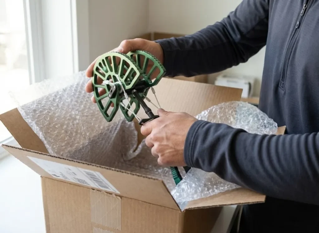 Climber packing a large Black Diamond Camalot into a shipping box with bubble wrap to optimize logistics costs.