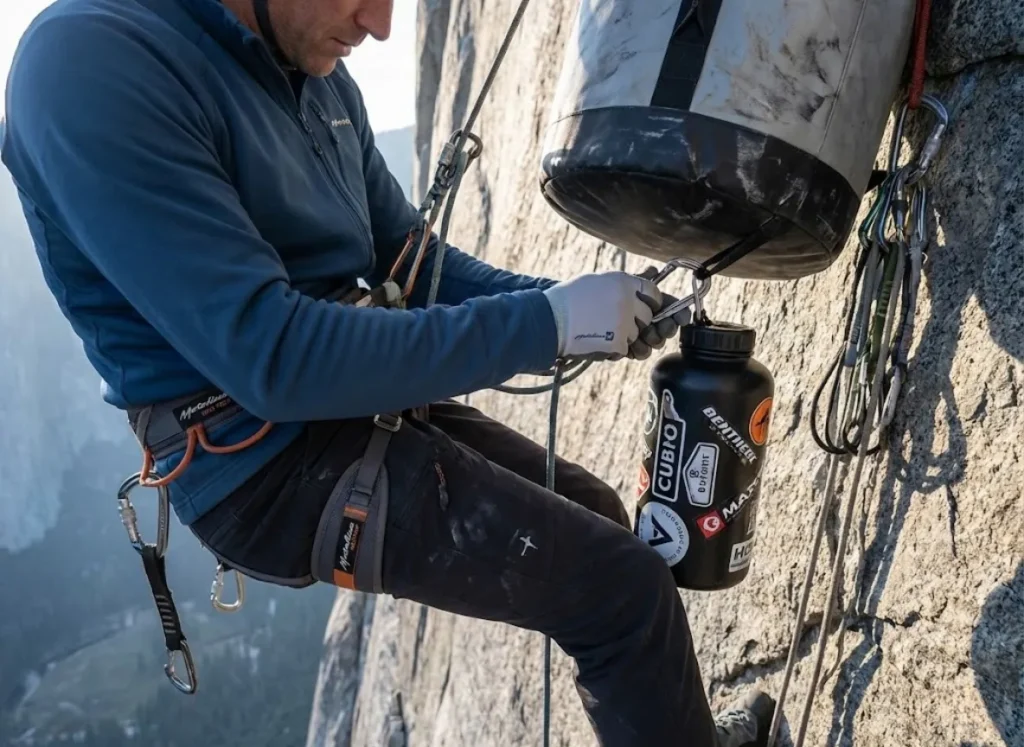 A climber on a hanging belay adjusting a PVC waste tube attached to a haul bag high on a granite big wall.
