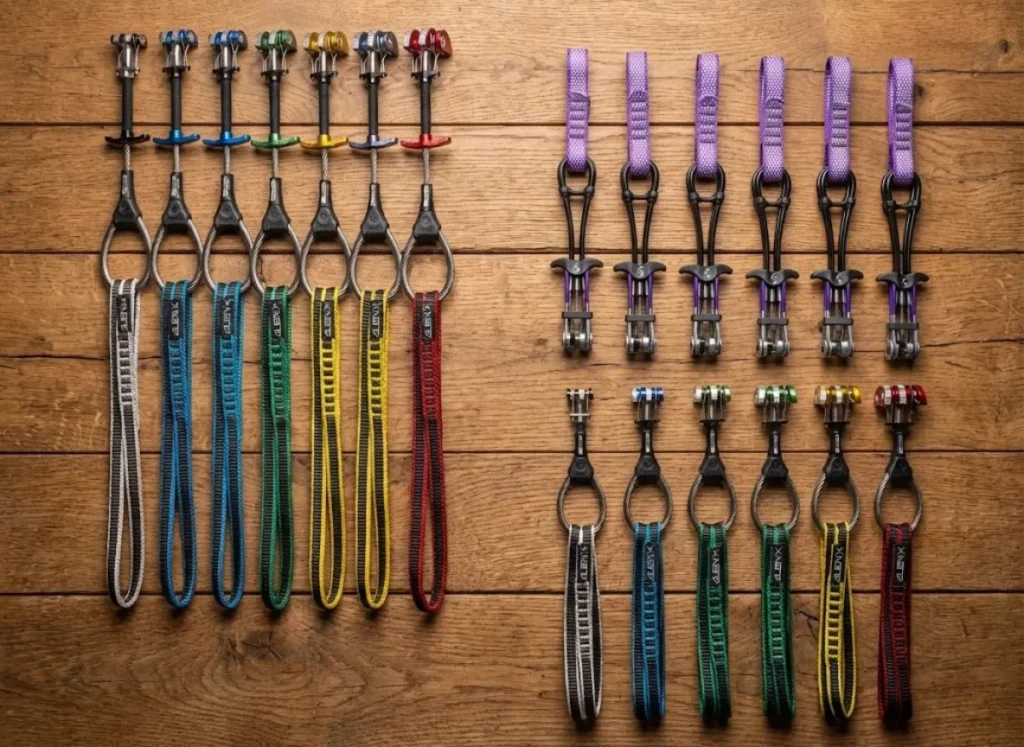 Flat lay photography of freshly reslung Black Diamond, Totem, and Alien cams arranged neatly on a wooden surface.