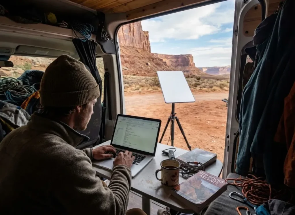 A climber working on a laptop inside a van with a view of a satellite internet dish and desert wilderness through the open door.