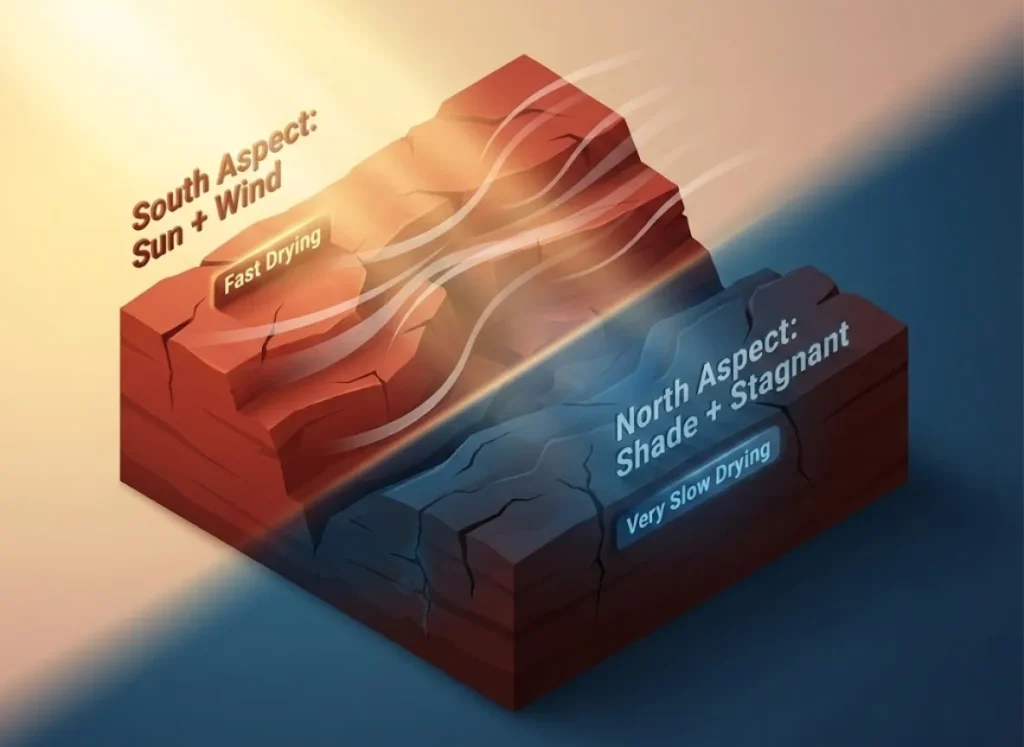A split-composition isometric illustration of a sandstone canyon. The left side is a sunny, windy south-facing wall labeled 'Fast Drying', while the right side is a shaded, stagnant north-facing wall labeled 'Very Slow Drying', illustrating the environmental factors of rock climbing safety.