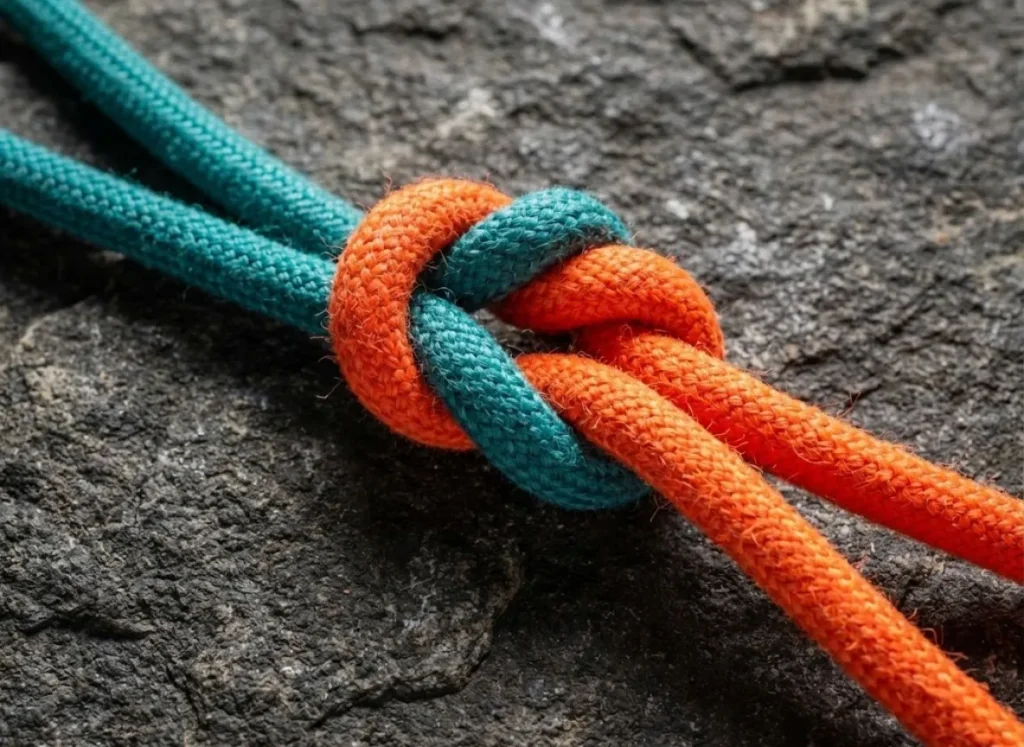 Close-up of a perfectly tied Flat Overhand Bend joining teal and orange climbing ropes, emphasizing the correct tail length and knot dressing.