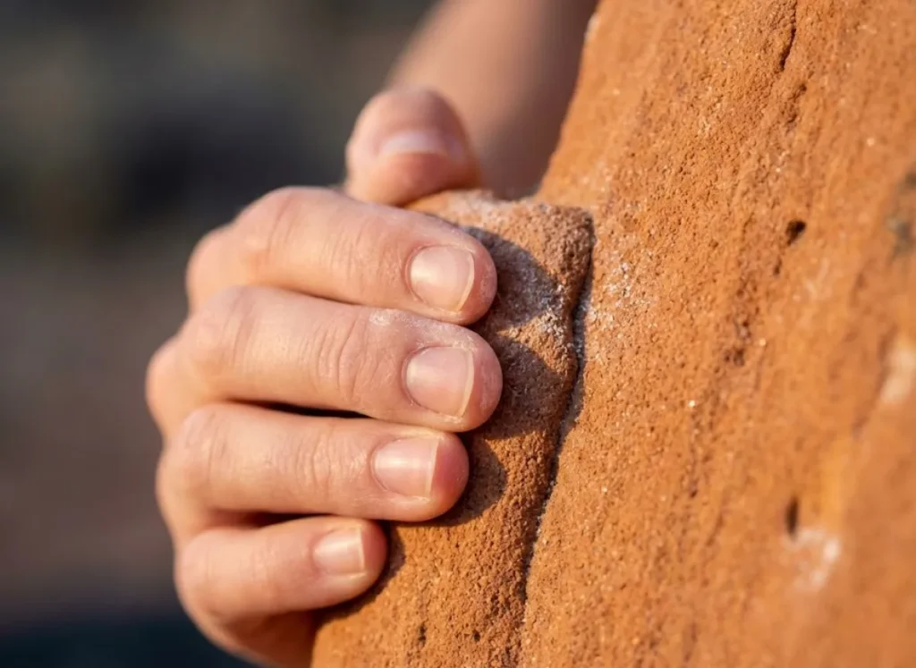 Macro photography of a climber's clean hand gripping porous orange sandstone, highlighting the granular texture of the rock and the friction of the hold.