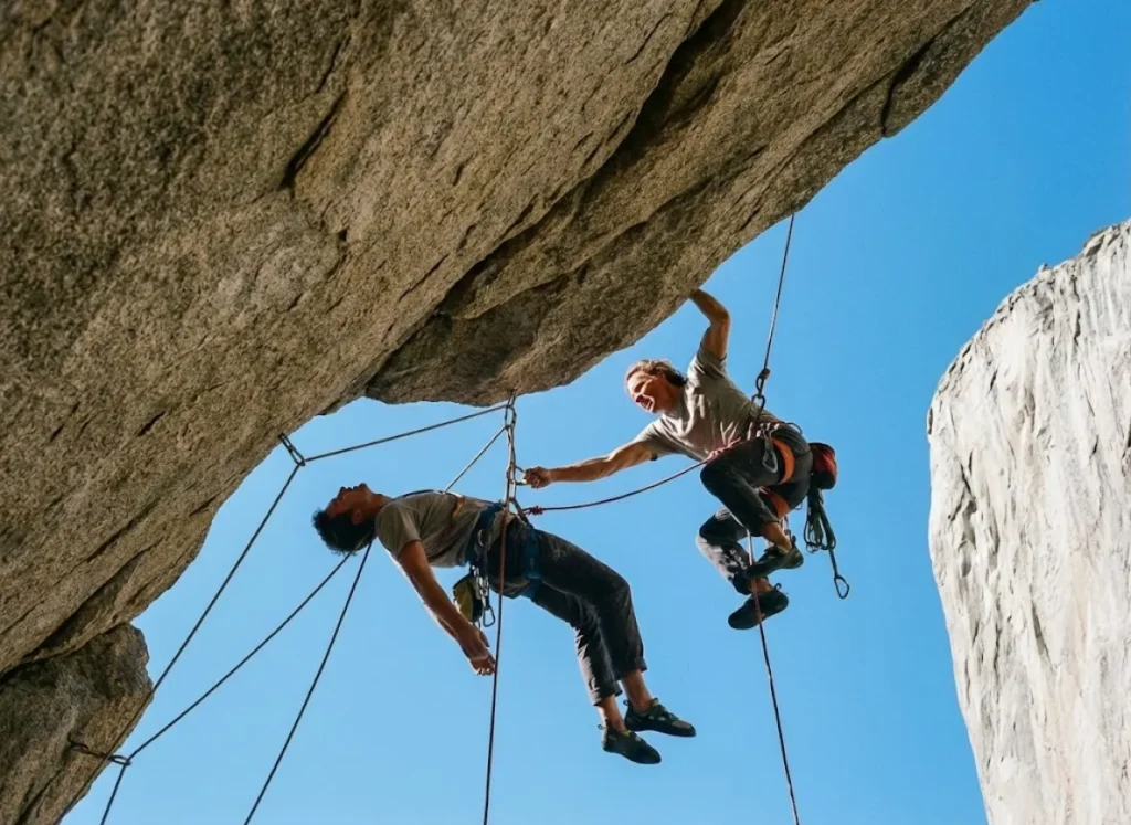 A rescuer rappelling down to assist an unconscious climber suspended in a harness under a rock overhang.