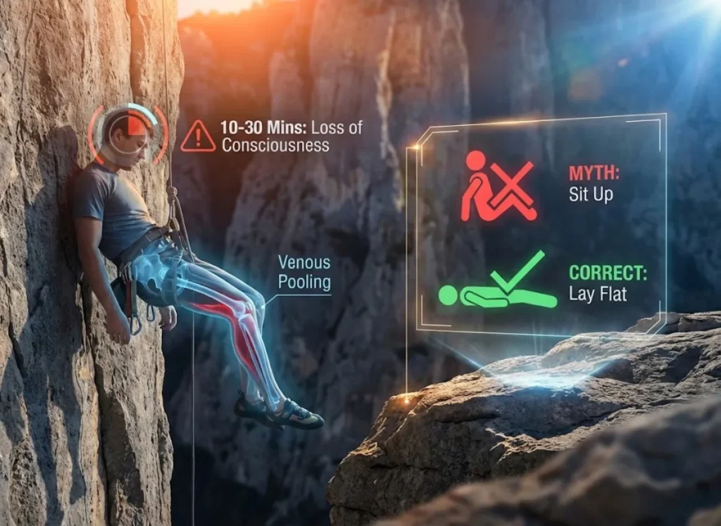 A split-screen medical illustration showing a climber suspended in a harness with visible venous pooling in the legs, next to a rescue protocol graphic crossing out a sitting figure and validating a supine figure.