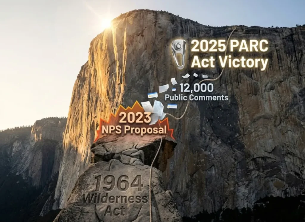 A stunning vertical infographic styled as a rock climbing route on a granite cliff face. It visualizes the timeline of climbing legislation, starting with the 1964 Wilderness Act at the base, moving through t