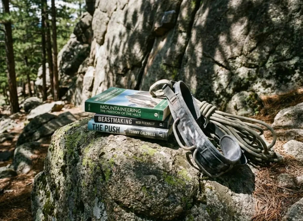 A stack of top-rated climbing books resting on a mossy boulder next to climbing gear in a forest.