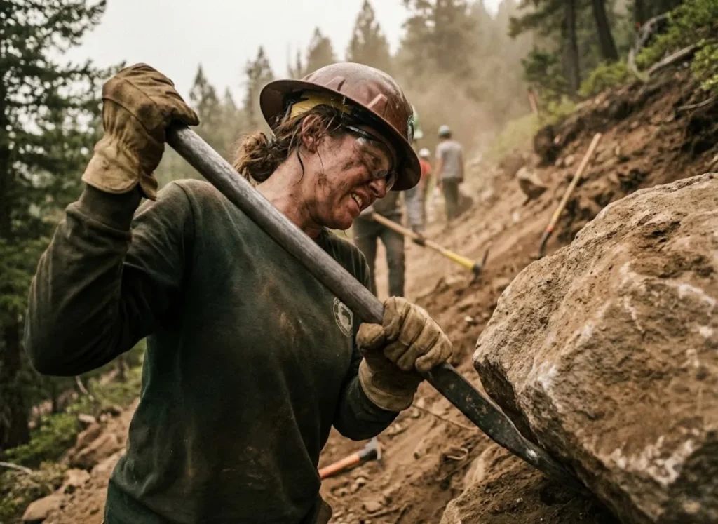 A trail builder straining to move a large rock with a metal bar while building a stone retaining wall.