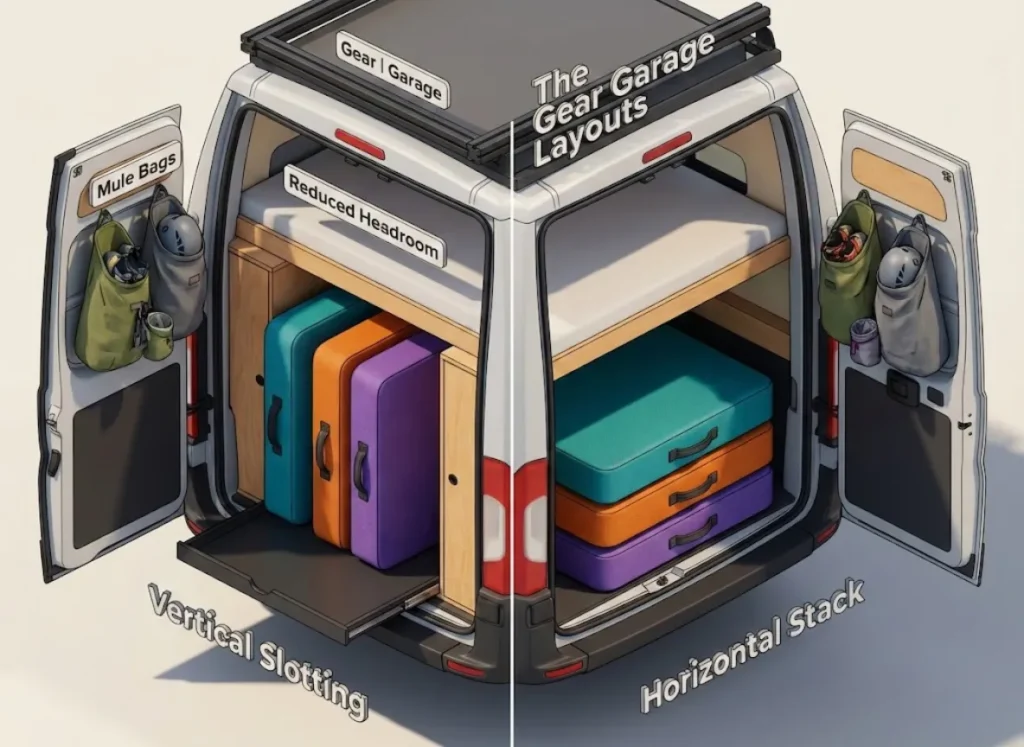 A split-view 3D technical illustration of a camper van's rear storage area, comparing "Vertical Slot" versus "Horizontal Stack" configurations for bouldering crash pads, featuring slide-out trays and soft overhead storage.