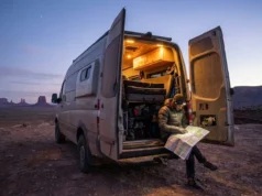 Van Life for Climbers: Engineering a Mobile Basecamp A dusty 4x4 adventure van parked on a rocky desert cliff at dusk with rear doors open, illuminating a climber reading a map on the bumper.