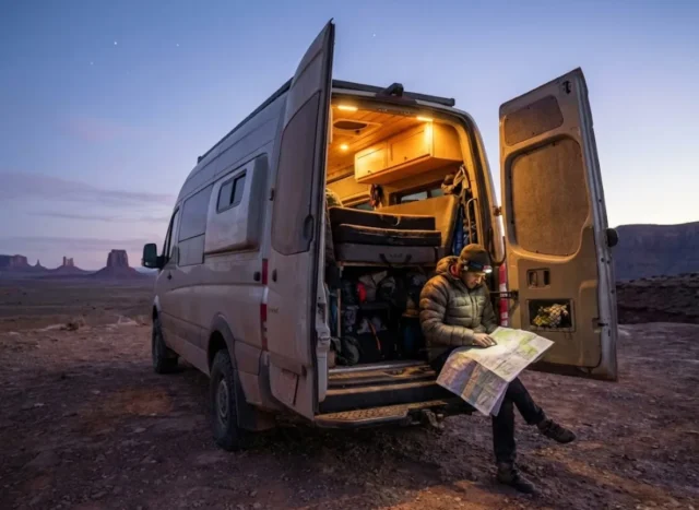 van-life-climbers-mobile-basecamp A dusty 4x4 adventure van parked on a rocky desert cliff at dusk with rear doors open, illuminating a climber reading a map on the bumper.