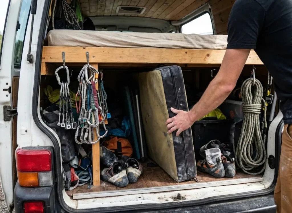 The rear storage garage of a camper van packed efficiently with vertical crash pads, climbing ropes, and racks of carabiners.