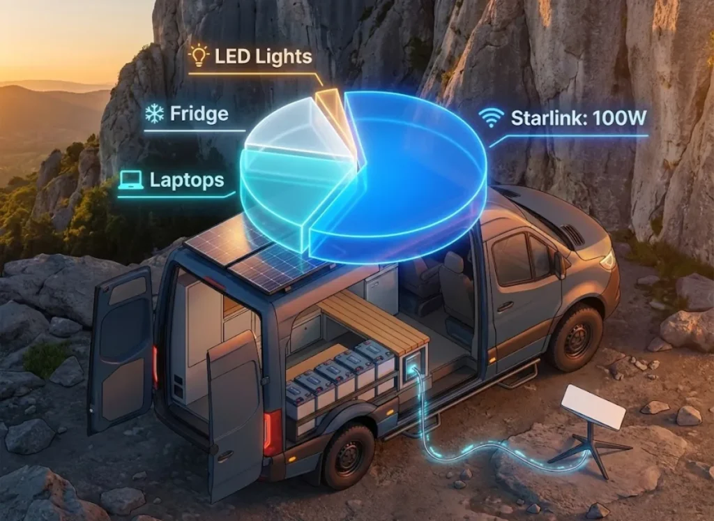 A high-fidelity 3D isometric infographic of an adventure van at a climbing crag, featuring a glowing holographic pie chart that visualizes daily energy usage, highlighting Starlink as the primary power consumer compared to appliances.
