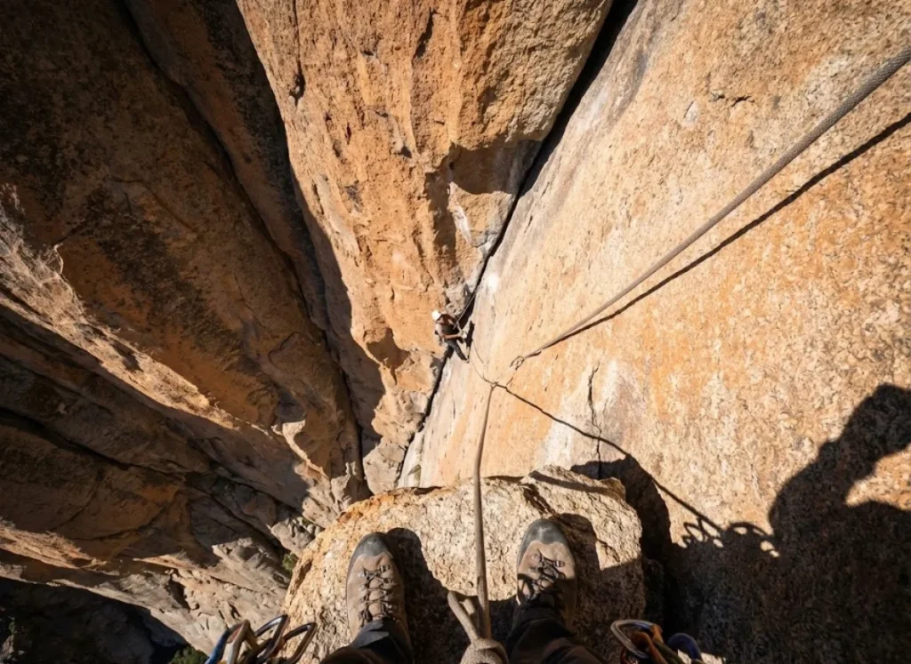 Point of view shot looking down a steep cliff face at a climber hanging on a rope, illustrating vertical exposure.